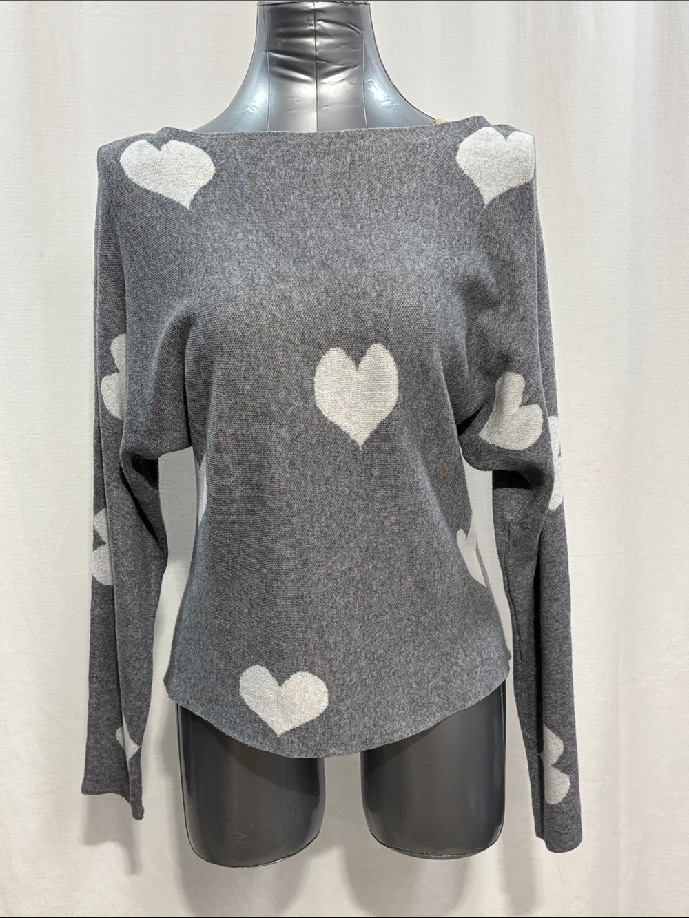Gray Heart-Print Boatneck Scoop Neck Sweater 358 comfort stretch valentine chic